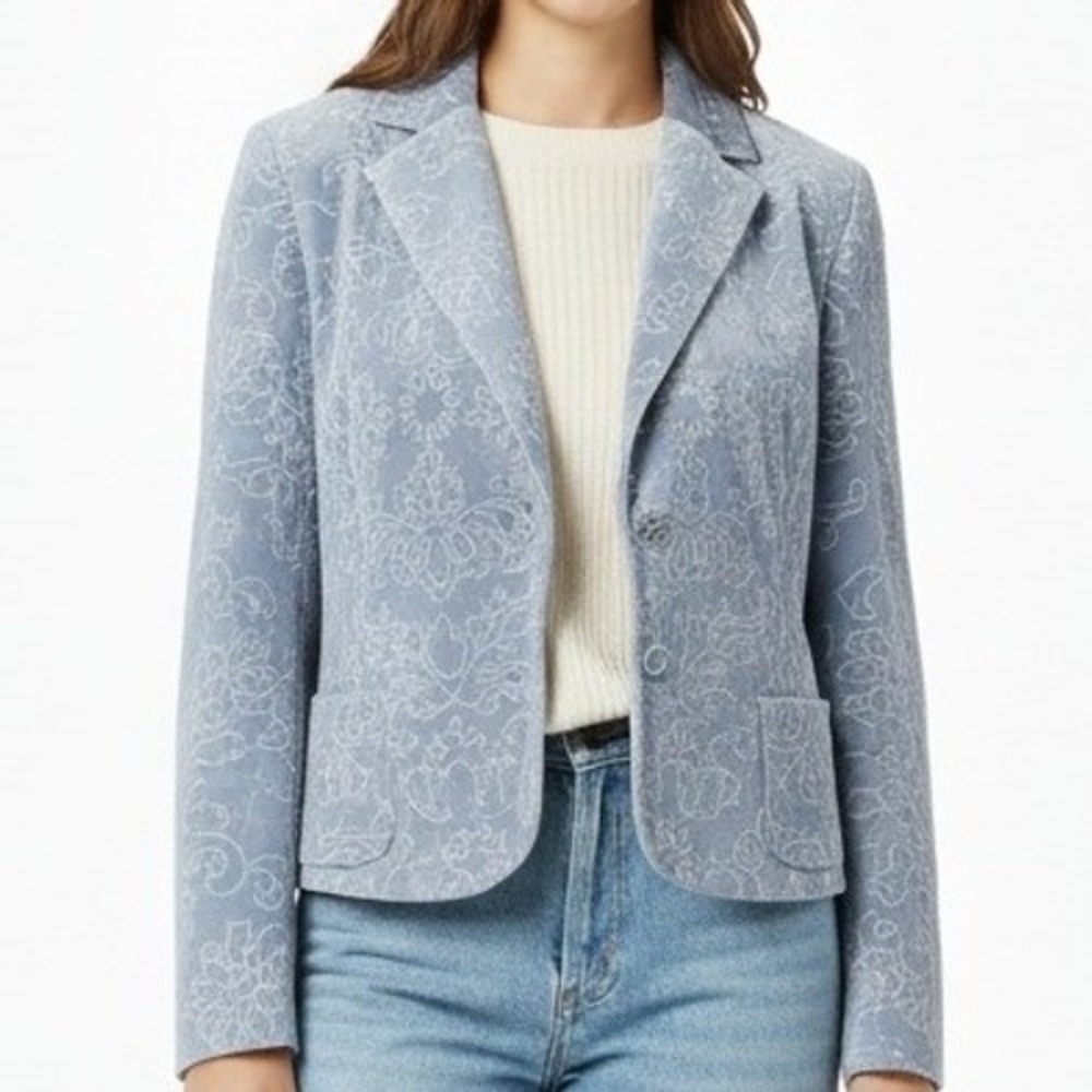 J.Jill Embroidered Floral velvet quilted Blue Blazer Jacket, Women's Size L